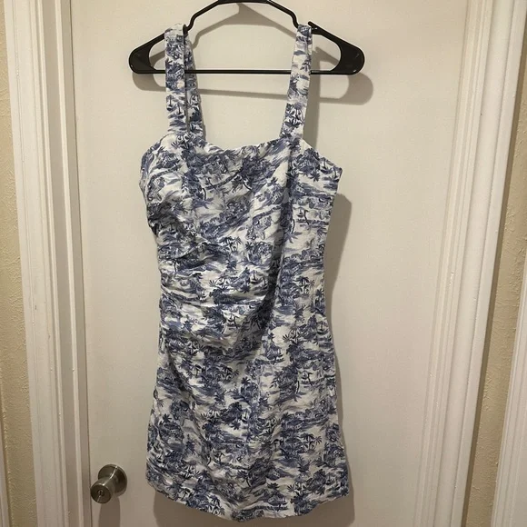 Abercrombie & Fitch Blue & White Print Linen Squareneck Sleeveless Dress NWT - Picture 2 of 6